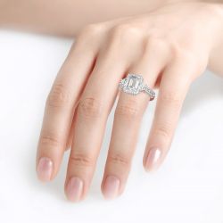 Jeulia Halo Three Stone Emerald Cut Sterling Silver Ring