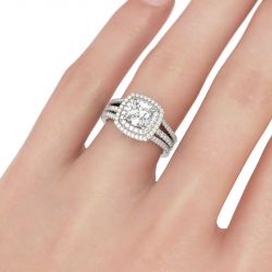 Jeulia Double Halo Cushion Cut Sterling Silver Ring Set